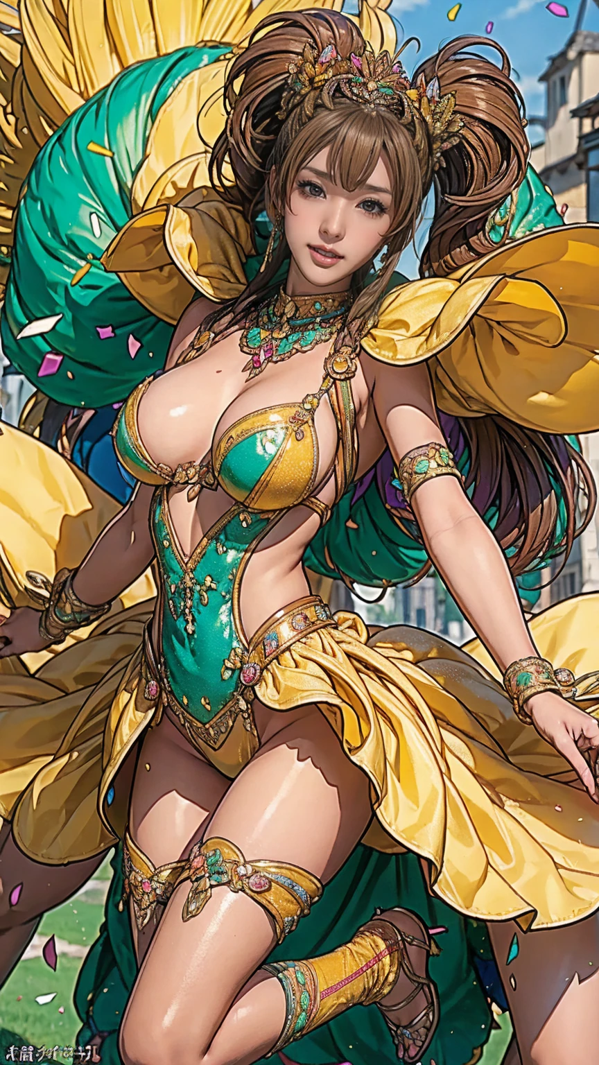 Highest quality, Official Art, masterpiece, Fabric Shading, High resolution, Very detailed, colorful, Best details, Fantasy, High leg samba micro costume:1.5, Yuki Mori:1.5, 1 female, Age 25, Brown Hair, short hair, Twin tails,Naturally flowing bangs, Puffy nipples, {{{{{Dancing vigorously in the parade:1.9}}}}}, A castle town with an old castle view, sunny, Large Breasts, skinny, Surrounded by a bunch of male photographers:1.9, Confetti falling, Blessed, welcome:1.5, Camel Toe:1.7, Ground level shot,