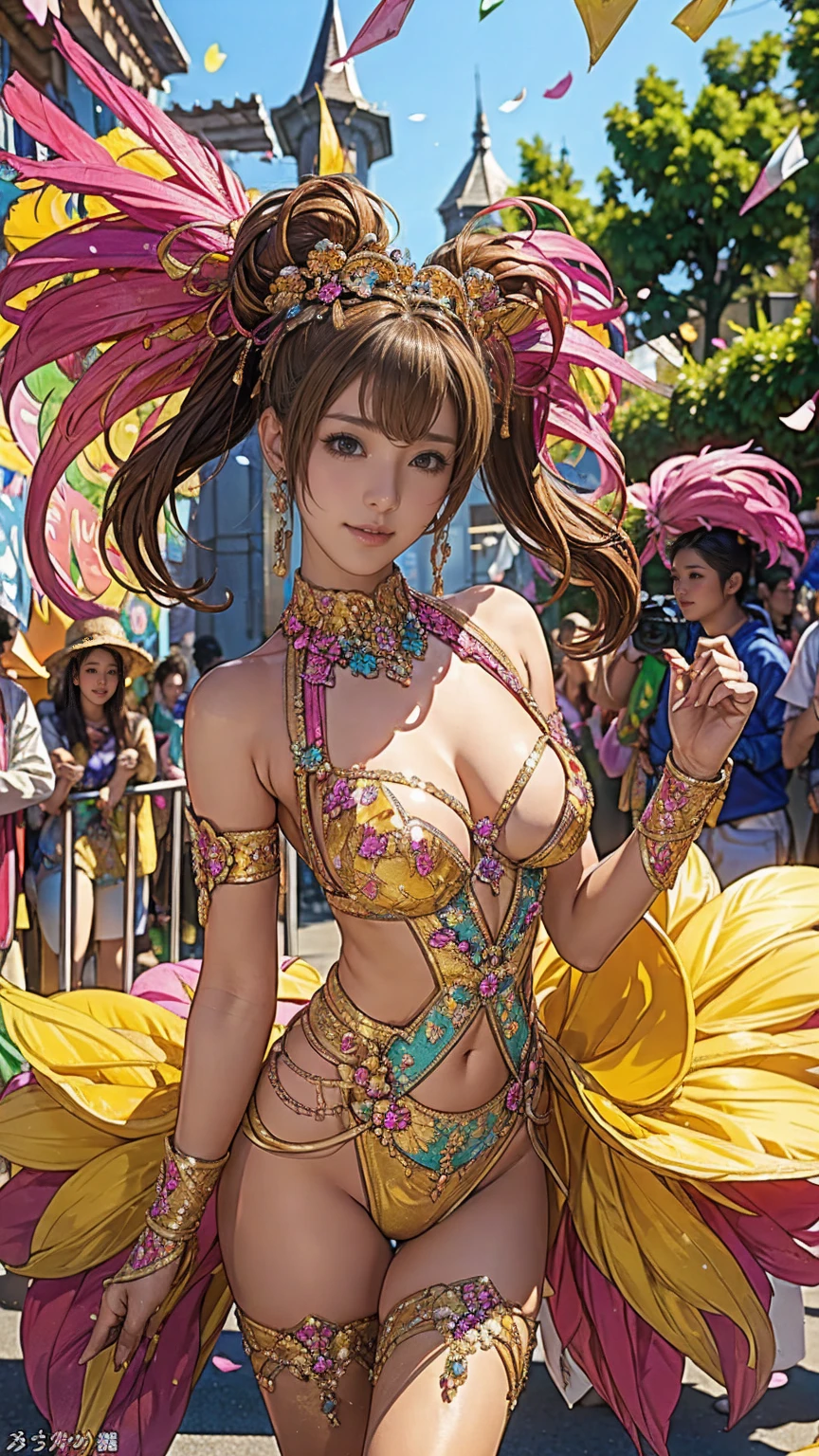 Highest quality, Official Art, masterpiece, Fabric Shading, High resolution, Very detailed, colorful, Best details, Fantasy, High leg samba micro costume:1.5, Yuki Mori:1.5, 1 female, Age 25, Brown Hair, short hair, Twin tails,Naturally flowing bangs, Puffy nipples, {{{{{Dancing vigorously in the parade:1.9}}}}}, A castle town with an old castle view, sunny, Large Breasts, skinny, Surrounded by a bunch of male photographers:1.9, Confetti falling, Blessed, welcome:1.5, Camel Toe:1.7, Ground level shot,