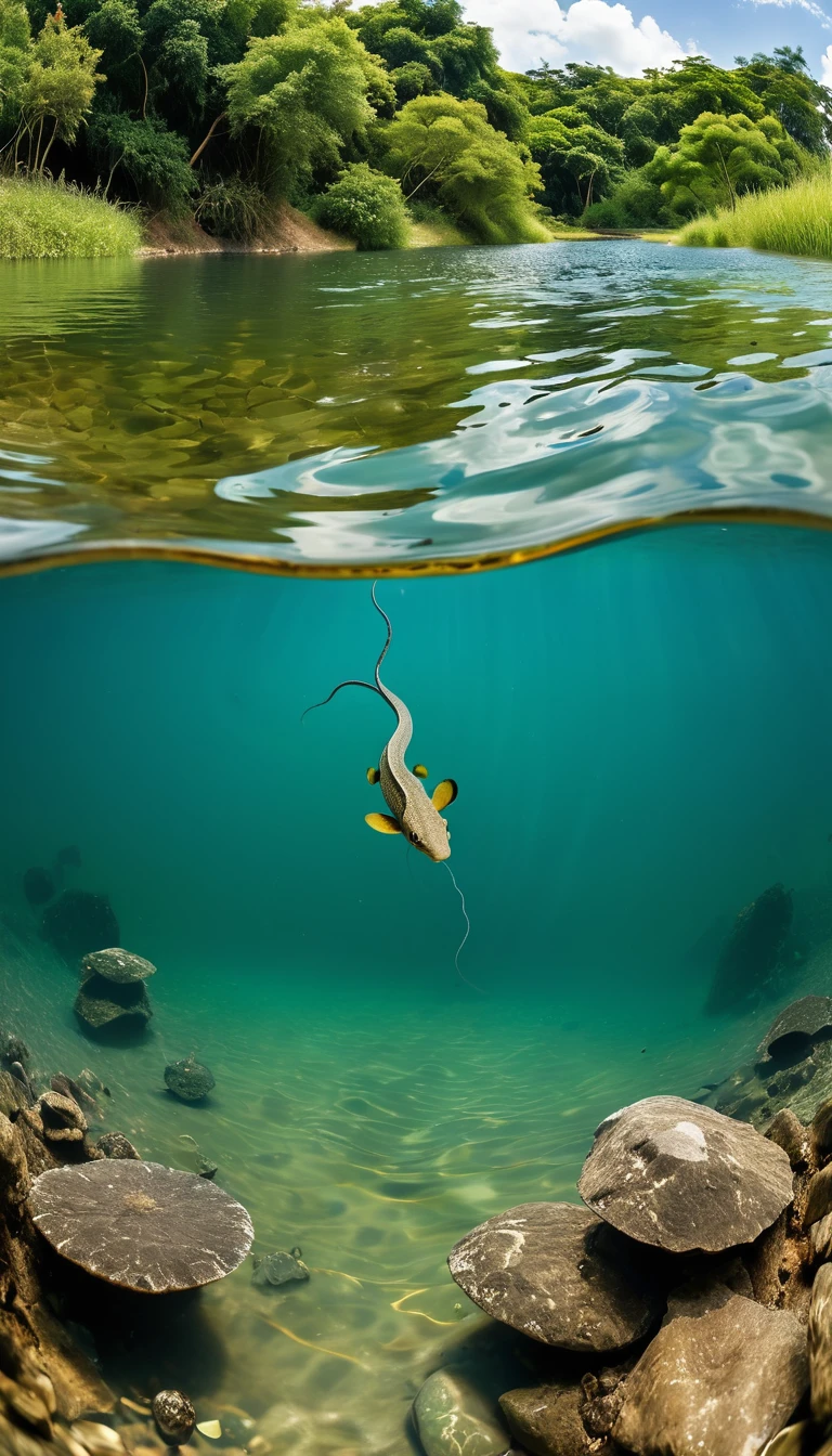 panorama，Há uma criatura crescendo na água，O corpo de um peixe，cobra&#39;cauda(melhor qualidade，4K，8K，alto nível，obra de arte：1.2），ultra detalhado，（realista，Foto Real，Foto Real：1.37），Animais altamente detalhados，Padrões complexos，iluminação realista，Criaturas de fantasia