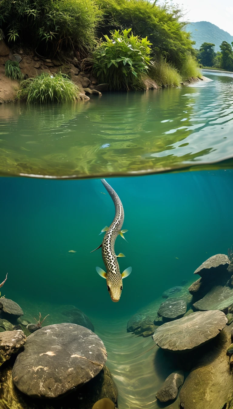 Panorama，Es wächst ein Lebewesen im Wasser.，Der Körper eines Fisches，Schlange&#39;s Schwanz(beste Qualität，4K，8k，Hohes Level，Meisterwerk：1.2），Extrem detailliert，（Lebensecht，Foto Real，Foto Real：1.37），Sehr detaillierte Tiere，Komplexe Muster，realistische Beleuchtung，Fantasiewesen