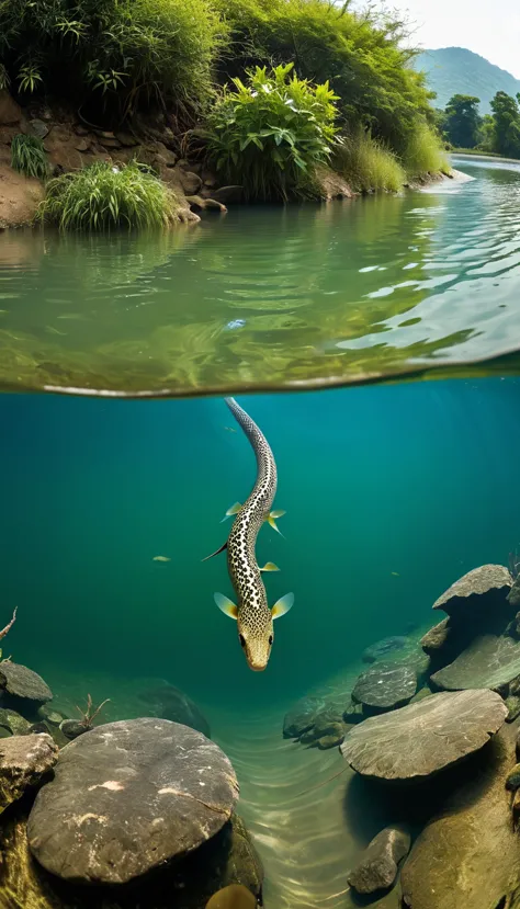 panorama，there is a creature growing in the water，the body of a fish，snake&#39;s tail(best quality，4k，8k，high level，masterpiece：...