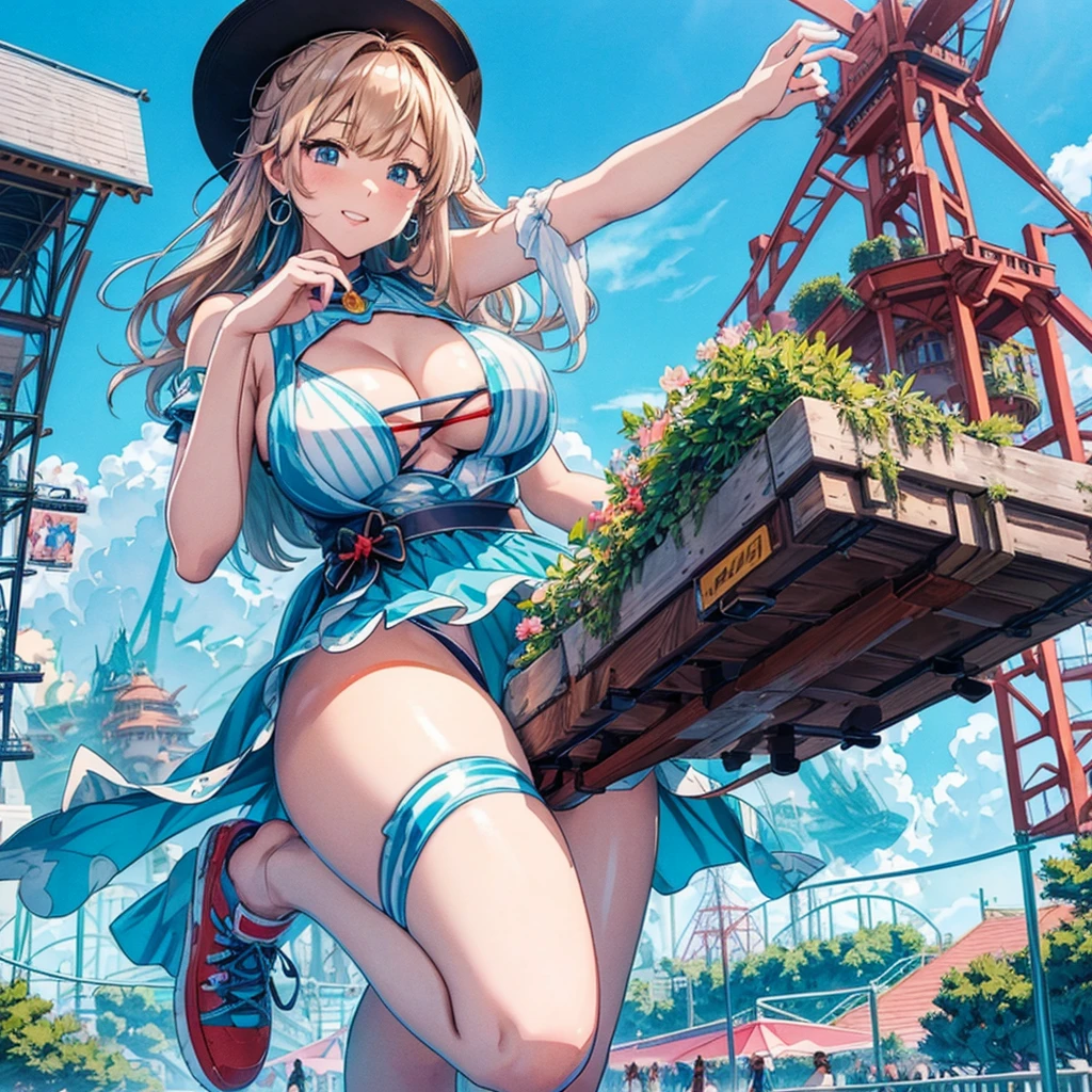 masterpiece　　Unreal Engine　Anime Style　Delicate painting　4K　90's　giant　crowd　 　amusement park　　((amusement parkに立っている巨大な黒髪の水着の女の子))　clown　stuffed toy　roller coaster　Merry-go-round　crowd　Big Breasts　sneakers　Bikini Swimwear　paola　Straw hat　　　smile　blue sky　cumulonimbus　Contrail　female giant giant girl Whole body 　 Destroyed skyscrapers Destroyed cars Crowd Unreal Engine,cleavage ,a drawing of a , earrings, long hair, 1980s (style) Cute picture　Beauty　Analog style　whole body　sneakers　