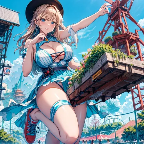 masterpiece　　unreal engine　anime style　delicate painting　4k　90's　giant　crowd　 　amusement park　　((amusement parkに立っている巨大な黒髪の水着の女の...