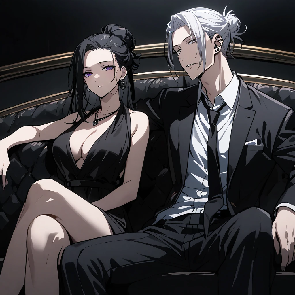 1girl, formal, 1boy, breasts, single_hair_bun, black_hair, suit, dress, necktie, cleavage, hair_bun, looking_at_viewer, crossed_legs, sitting, jewelry, white_hair, shirt, pants, black_pants, black_necktie, long_hair, white_shirt, collared_shirt, black_eyes, black_dress, necklace, piercing, purple_eyes, couch, black_suit, sleeveless_dress, indoors, jacket, black_jacket, getou_suguru, bangs, hair_pulled_back, ear_piercing, large_breasts, earrings, sleeveless, parted_lips, closed_mouth, dress_shirt