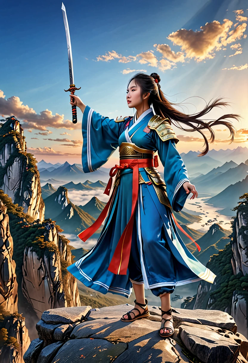 1girl Chinese warrior wearing ancient royal regalia with long shawl and リボンs(リボン:1.2)流れる(流れる:1.5) そして崖の端に立って, 壮大な立ち姿, 見上げる to the sky(見上げる:1.0)片方の足をもう片方の足の前にする, ポインティング(ポインティング to sky:1.5)long 剣(剣:1.0)右手に, バナー(バナー:1.0)左手に, mountains 景色(景色:0.8), 遠くから古代の兵士たちの集団が見える, 壮大なリアリズム, 劇的なシーン, 非常に詳細な, 最高品質の壁紙, 8K, 1人の少女に焦点を絞る, 夕焼け色の背景, デジタル一眼レフ写真撮影, 現実的