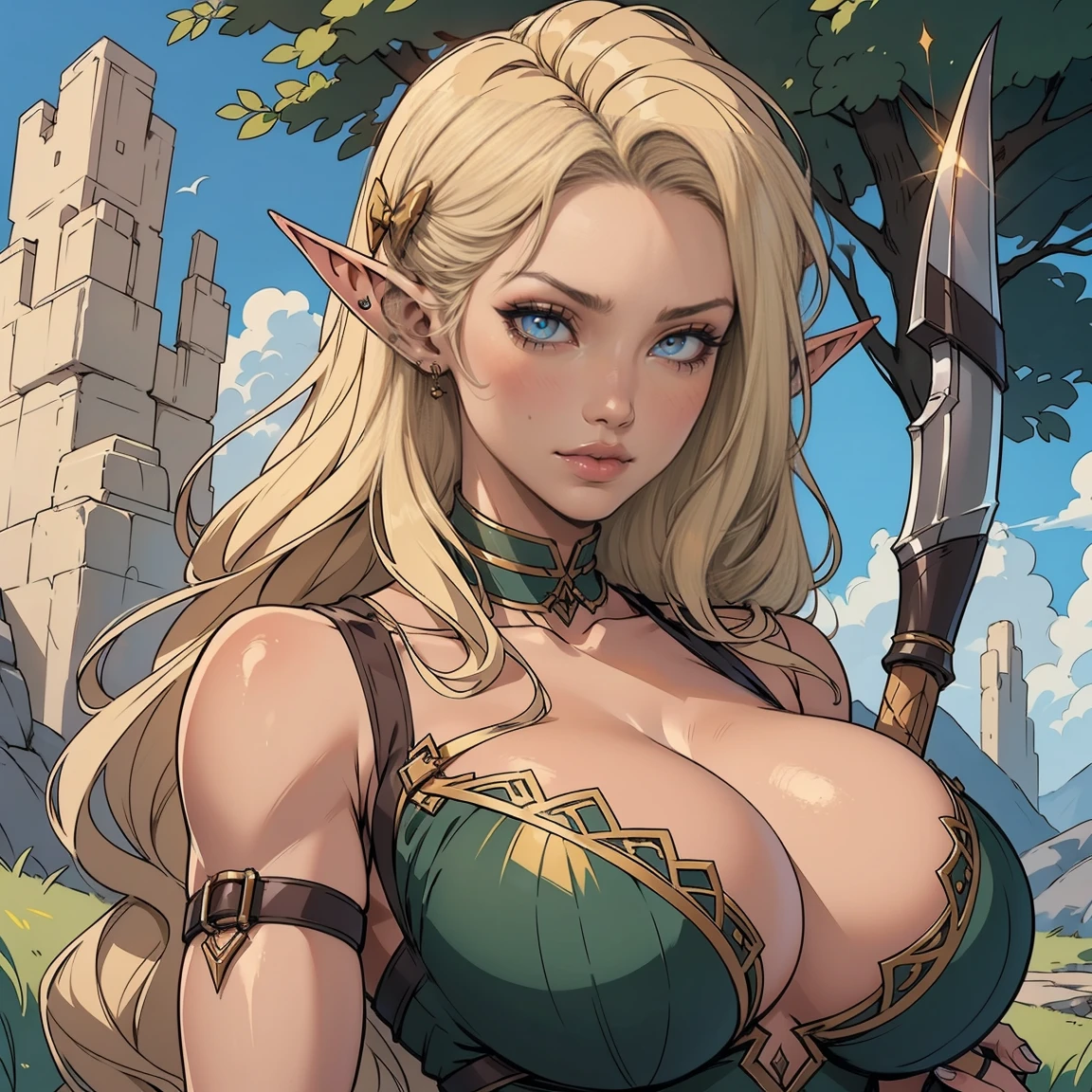 platinum blonde hair, 1girl, long hair, pointy ears, elf, huntress outfit, longbow, bow \(weapon\), nature, makeup, long eyelashes, masterpiece, best quality, intricate detail, sketch, outline, anime screencap, huge gigantic 