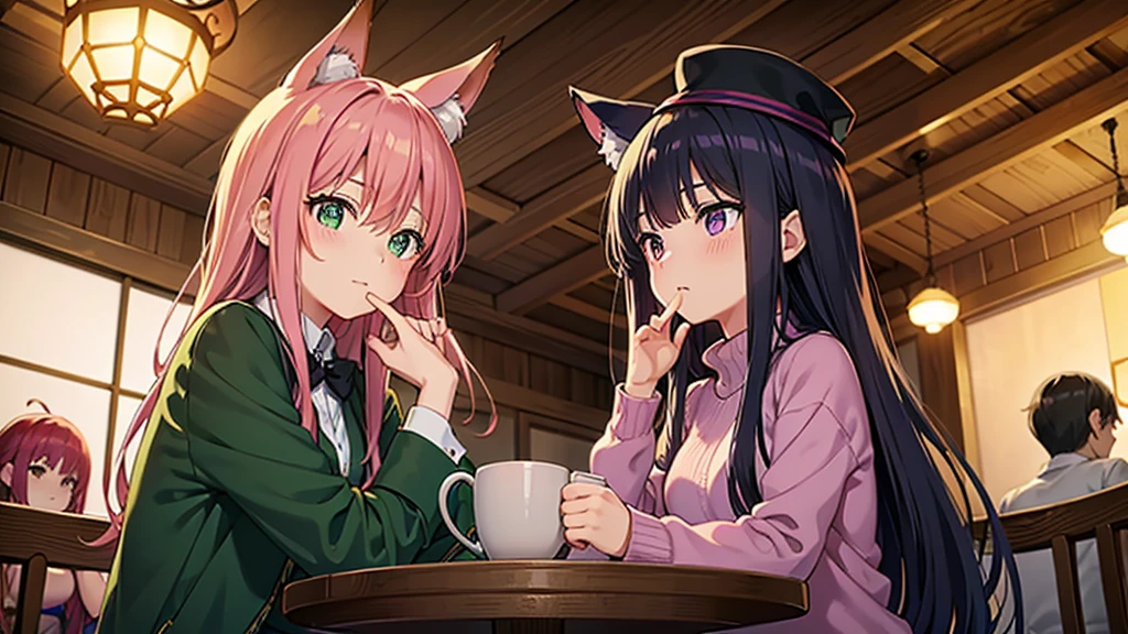 Perfect anime art of a cozy, warmly lit tavern with two characters seated around a wooden table, one caressing the other\'s chin. One is a man with short black hair, black hat with green stripe, green coat and green eyes, the other one is a girl with long red hair, fox ears, purple dress and purple eyes with blushed face. The table has several mugs on it. In the background, other patrons are visible. Warm lighting emanates from hanging lanterns. Wooden beams and structures are visible in the ceiling. Anime art masterpiece.