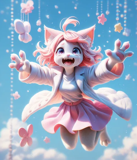 Female anthropomorphic cat , whole body, Crying with big tears flying, 明るいDaytimeの都会, White coat, Adorable, Daytime, White T-shi...