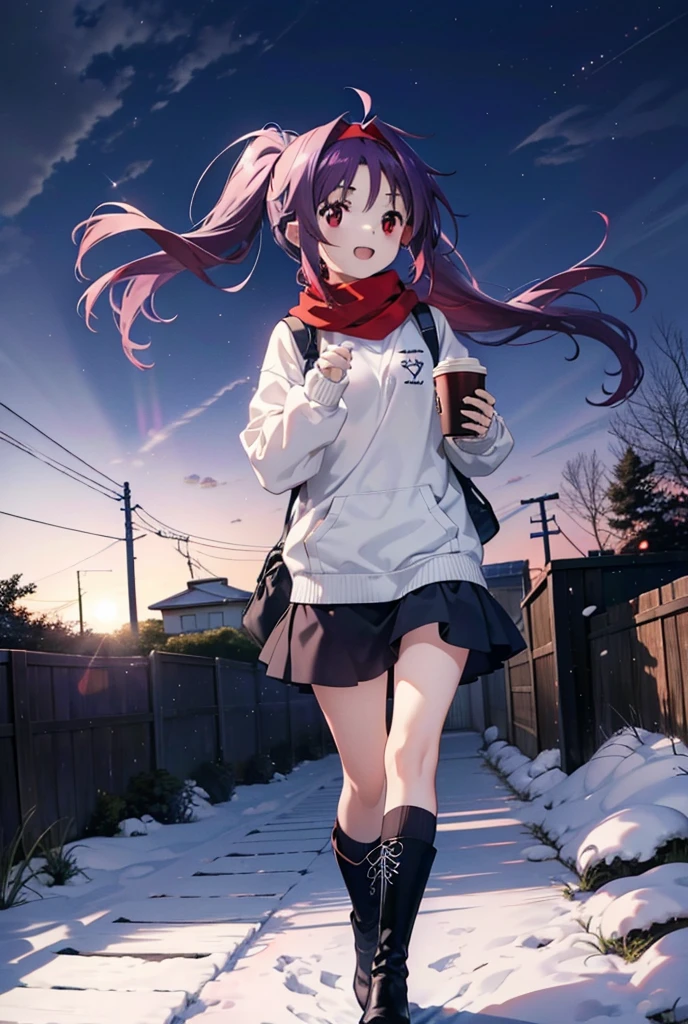 yuukikonno, Konno Yuuki, Long Hair, Pointed Ears, Purple Hair, (Red eyes:1.5), (Small breasts:1.2), Open your mouth,happy smile, smile, Open your mouth,hair band,low twin tail,Red Scarf,Oversized purple hoodie,Black pantyhose,Long skirt,short boots,Holding a paper cup of coffee in both hands,Walking,snowが降っている,snowが降り積もっている,snow,snow,snow,snow,snowが積もった木,winter,Cold Sky,night,whole bodyがイラストに入るように,
break looking at viewer,  whole body,
break outdoors, garden,
break (masterpiece:1.2), Highest quality, High resolution, unity 8k wallpaper, (figure:0.8), (Beautiful attention to detail:1.6), Highly detailed face, Perfect lighting, Highly detailed CG, (Perfect hands, Perfect Anatomy),