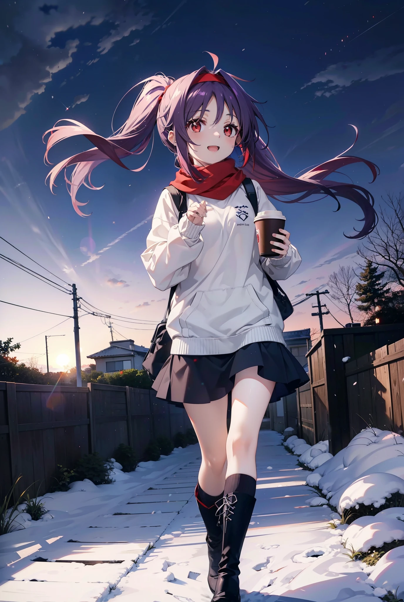 yuukikonno, Konno Yuuki, Long Hair, Pointed Ears, Purple Hair, (Red eyes:1.5), (Small breasts:1.2), Open your mouth,happy smile, smile, Open your mouth,hair band,low twin tail,Red Scarf,Oversized purple hoodie,Black pantyhose,Long skirt,short boots,Holding a paper cup of coffee in both hands,Walking,snowが降っている,snowが降り積もっている,snow,snow,snow,snow,snowが積もった木,winter,Cold Sky,night,whole bodyがイラストに入るように,
break looking at viewer,  whole body,
break outdoors, garden,
break (masterpiece:1.2), Highest quality, High resolution, unity 8k wallpaper, (figure:0.8), (Beautiful attention to detail:1.6), Highly detailed face, Perfect lighting, Highly detailed CG, (Perfect hands, Perfect Anatomy),