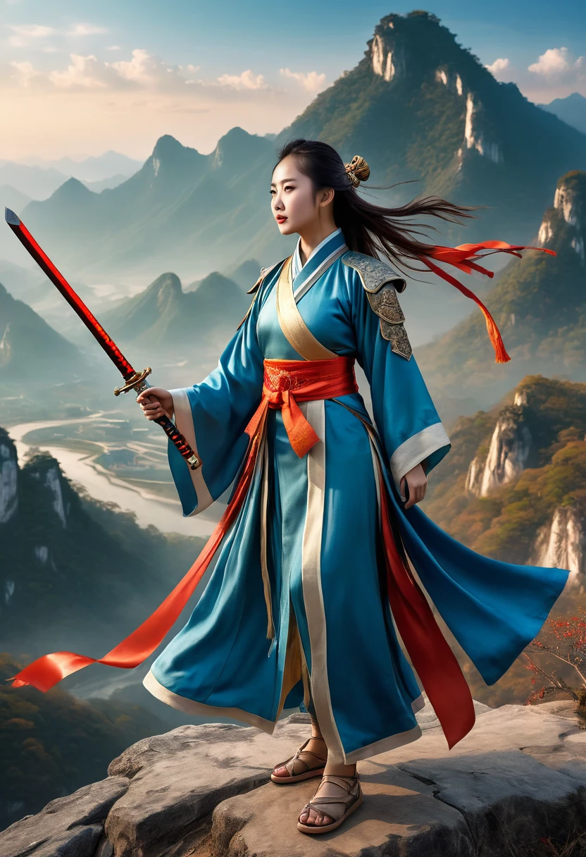 1girl Chinese warrior wearing ancient royal regalia with long shawl and ribbons(ribbon:1.2)flowing(flowing:1.5) and standing at the edge of the clift, epic standing stance, look up to the sky(look up:1.0)one leg in front of other leg, pointing(pointing to sky:1.5)long sword(sword:1.0)in the right hand, banner(banner:1.0)in the left hand, mountains scenery(scenery:0.8), a bunch of ancient soldiers seem from a far, epic realism, dramatic scene, super detailed, best quality wallpaper, 8k, sharp focus on 1girl, sunset color back ground, DSLR photoshot, realistic