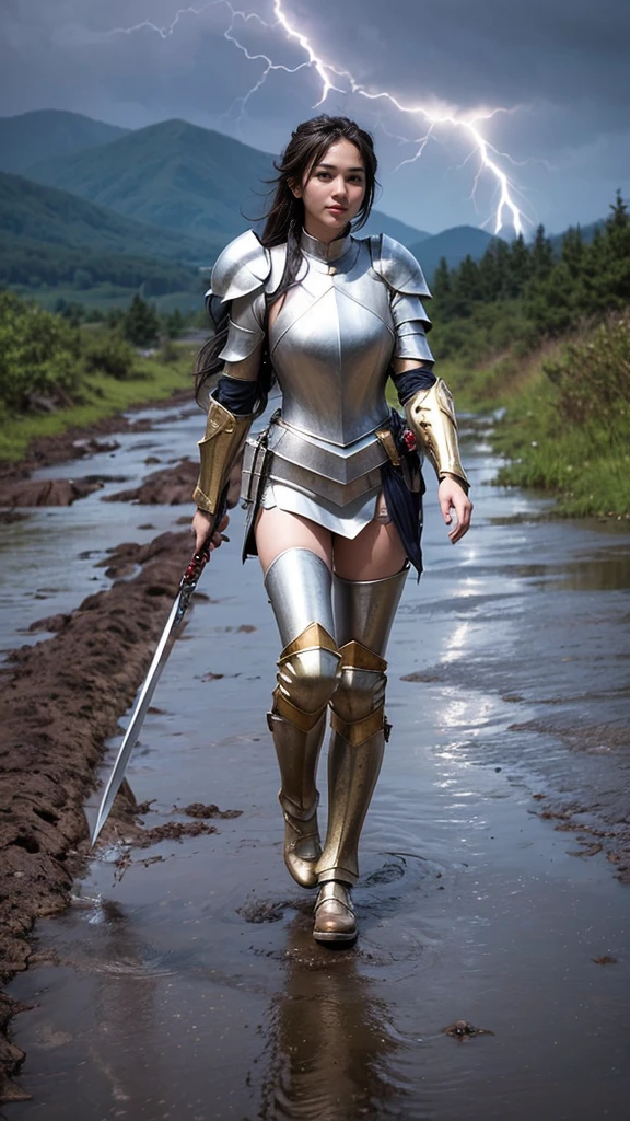 Masterpiece, best quality, 1girl, A beautiful girl, she is a knight in a full body armor, gold armor,  a longsword in her hand, is now walking back from battlefield, few skin wounds and  skin scratches, pouring rain, lightning. Expansive view in the background, mountains, grey cloud, muddy footpath