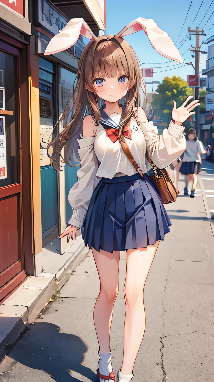 light brown hair, hair over shoulder, rabbit ears, shy, ray tracing, (masterpiece), ((accurate)), textured skin, high quality, high details, best quality, super detail, Japanese high school girl, casual clothes, ((Pleated skirt)), holiday walk, waving, Heart symbols