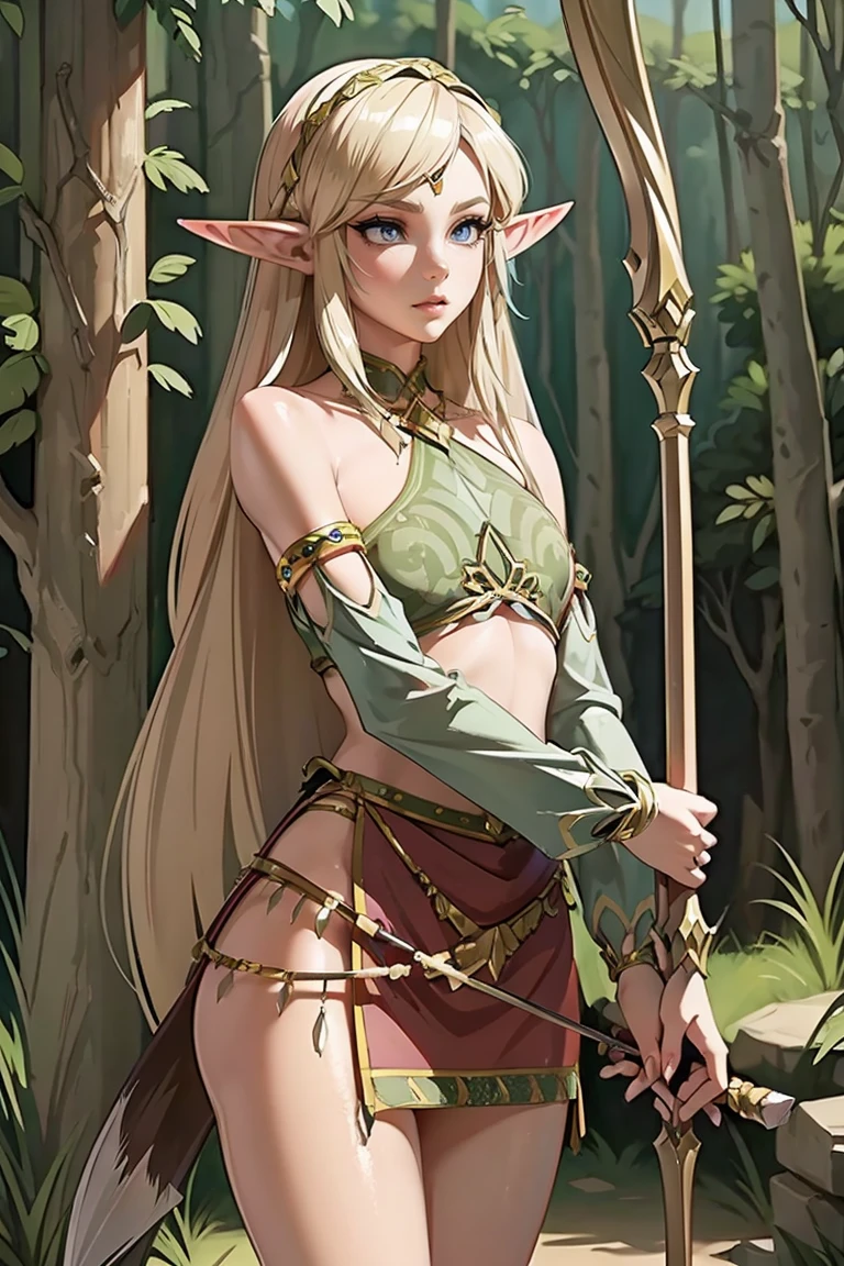 platinum blonde hair, 1girl, long hair, pointy ears, elf, huntress outfit, longbow, bow \(weapon\), nature, makeup, long eyelashes, masterpiece, best quality, intricate detail, sketch, outline, anime screencap, huge gigantic 