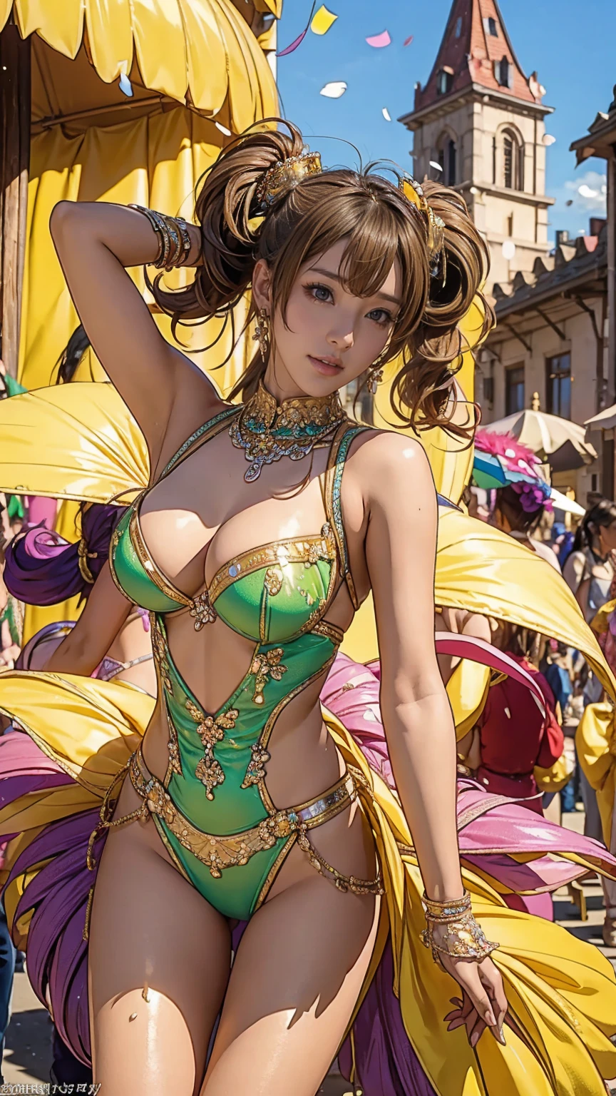 Highest quality, Official Art, masterpiece, Fabric Shading, High resolution, Very detailed, colorful, Best details, High leg samba micro costume:1.5,microwave good:1.9, Yuki Mori:1.5, 1 female, Age 25, Brown Hair, short hair, Twin tails,Naturally flowing bangs, Puffy nipples:1.7, {{{{{Dancing vigorously in the parade:1.9}}}}}, A castle town with an old castle view, sunny, Large Breasts, skinny, Surrounded by a bunch of male photographers:1.9, She is being photographed by many male photographers.:1.9, Confetti falling, Blessed, welcome:1.5, {{{{{Camel Toe:1.9}}}}}, Ground level shot,