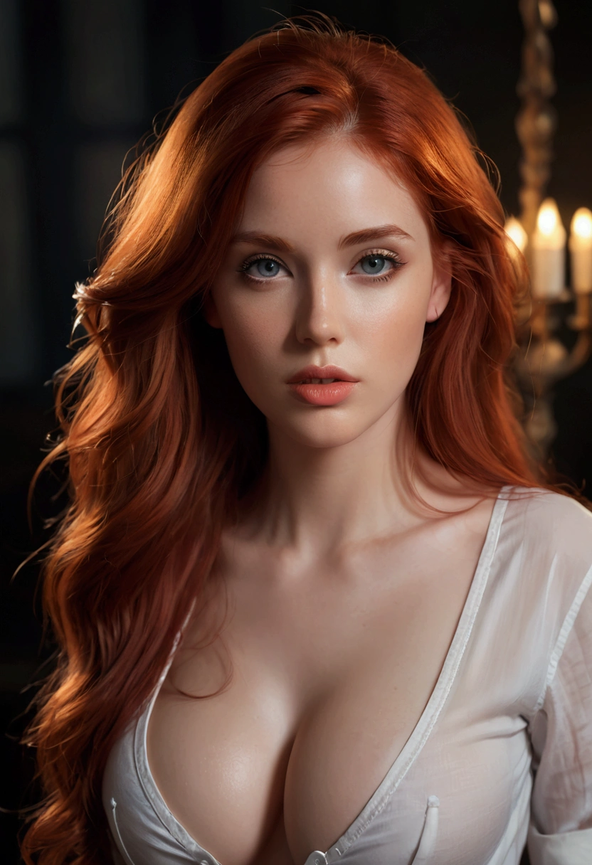 ultra realistic, photography, long red hair, girl, 24 years old, hourglass figure, perfect body, Flirty look, extremely detailed artgerm, in the style artgerm, small breasts, facing the camera, lens 35 mm, blur background, a woman with a shirt, sensual cleavage, detailed facial features, beautiful eyes, luscious lips, sweaty, high quality, photorealistic, 8K, chiaroscuro lighting, dramatic lighting, dramatic shadows, oil painting, intricate details, elegant, feminine, alluring