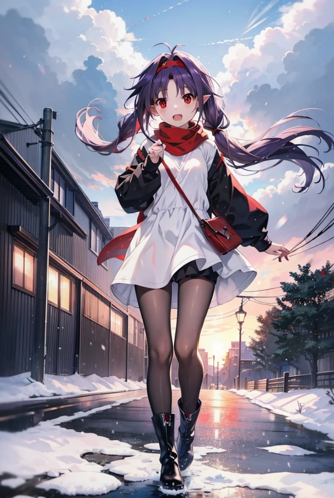 yuukikonno, Konno Yuuki, Long Hair, Pointed Ears, Purple Hair, (Red eyes:1.5), (Small breasts:1.2), Open your mouth,happy smile, smile, Open your mouth,hair band,low twin tail,Red Scarf,Oversized purple hoodie,Black pantyhose,Long skirt,short boots,Holding a paper cup of coffee in both hands,Walking,snowが降っている,snowが降り積もっている,snow,snow,snow,snow,snowが積もった木,winter,Cold Sky,night,whole bodyがイラストに入るように,
break looking at viewer,  whole body,
break outdoors, garden,
break (masterpiece:1.2), Highest quality, High resolution, unity 8k wallpaper, (figure:0.8), (Beautiful attention to detail:1.6), Highly detailed face, Perfect lighting, Highly detailed CG, (Perfect hands, Perfect Anatomy),