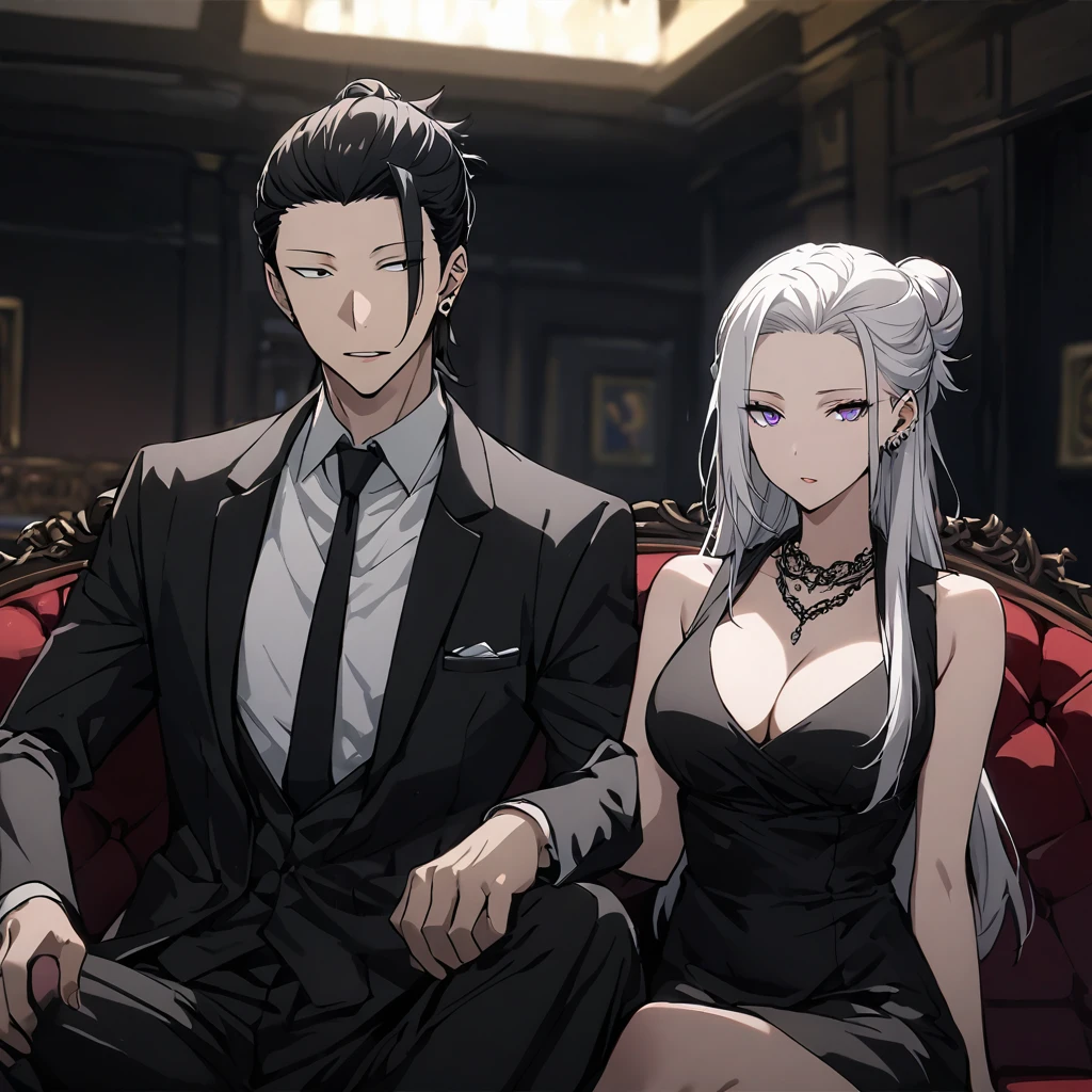 1girl, formal, 1boy, breasts, single_hair_bun, black_hair, suit, dress, necktie, cleavage, hair_bun, looking_at_viewer, crossed_legs, sitting, jewelry, white_hair, shirt, pants, black_pants, black_necktie, long_hair, white_shirt, collared_shirt, black_eyes, black_dress, necklace, piercing, purple_eyes, couch, black_suit, sleeveless_dress, indoors, jacket, black_jacket, getou_suguru, bangs, hair_pulled_back, ear_piercing, large_breasts, earrings, sleeveless, parted_lips, closed_mouth, dress_shirt