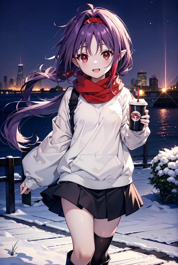 yuukikonno, Konno Yuuki, pelo largo, orejas puntiagudas, cabello purpura, (ojos rojos:1.5), (senos pequeños:1.2), abre la boca,happy sonrisa, sonrisa, abre la boca,banda para el cabello,cola gemela baja,bufanda roja,Sudadera con capucha violeta oversize,pantimedias negras,Falda larga,botas cortas,Sosteniendo una taza de café de papel con ambas manos.,Caminando,nieveが降っている,nieveが降り積もっている,nieve,nieve,nieve,nieve,nieveが積もった木,invierno,cielo frio,Noche,todo el cuerpoがイラストに入るように,
descanso mirando al espectador,  todo el cuerpo,
descansar al aire libre, jardín,
break (obra maestra:1.2), de la máxima calidad, Alta resolución, fondo de pantalla de unidad 8k, (cifra:0.8), (Hermosa atención al detalle:1.6), Cara muy detallada, Iluminación perfecta, CG muy detallado, (manos perfectas, anatomía perfecta),