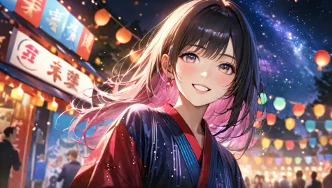 summer festival,night, starry sky,yukata,having a fan,gazing at the sky,blur the background,high school girl,smile,glitter effec...