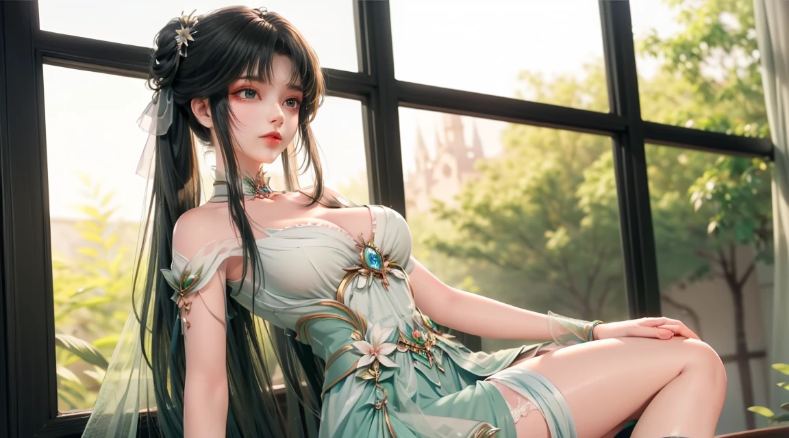 Arad woman in dress sitting on windowsill, cute anime waifu in a nice dress, trending on cgstation, 8K high quality detailed art, anime barbie in white stockings, highly detailed exquisite fanart, Extremely detailed Artgerm, the anime girl is crouching, flowing magical robe, beautiful and seductive anime woman, WLOP and Sakimichan