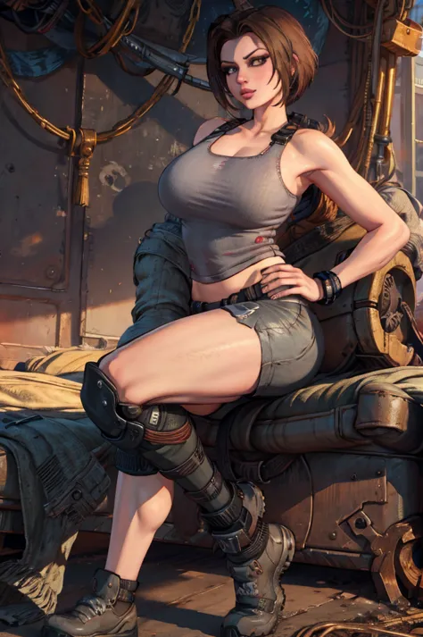 trishka novak - bulletstorm, sexy girl, gray t-shirt with nipples showing through, thick sexy legs