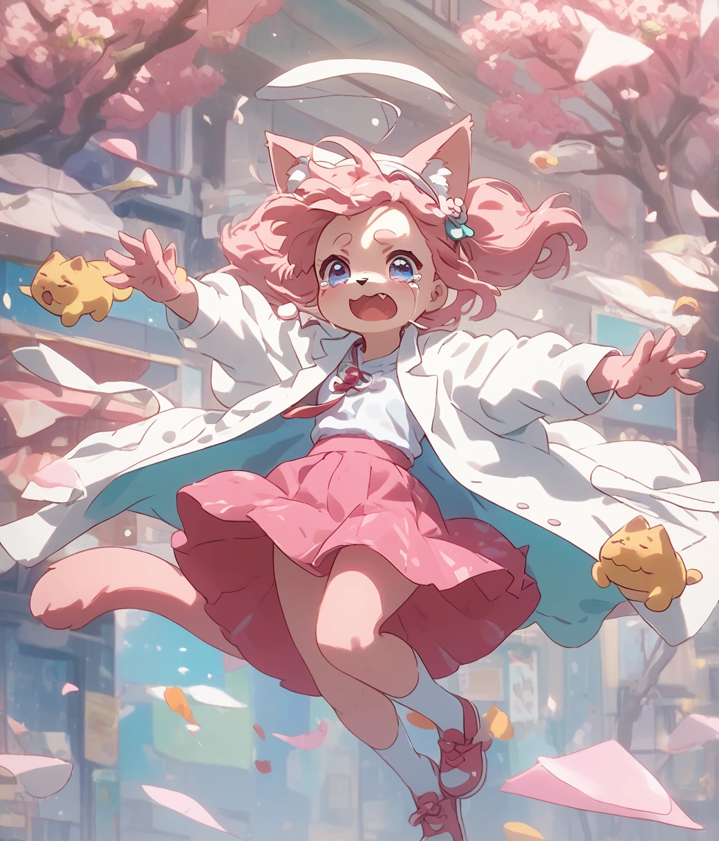 Anthropomorphic female  cat, whole body, Crying with big tears flying, 明るいDaytimeの都会, White coat, Adorable, Daytime, White T-shirt、Pink Skirt、