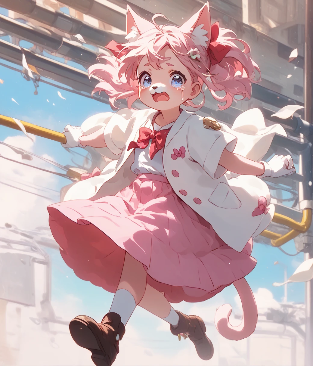 Anthropomorphic female  cat, whole body, Crying with big tears flying, 明るいDaytimeの都会, White coat, Adorable, Daytime, White T-shirt、Pink Skirt、