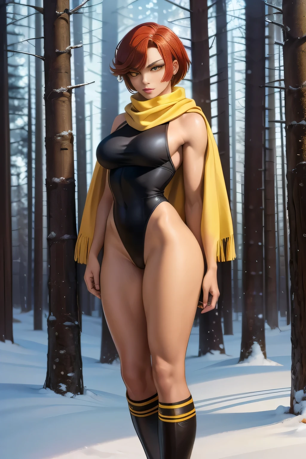 Best high quality, masterpiece quality, full body portrait, cowboy shot, human, 1woman, ((yellow  eyes)), dark skin, athletic, muscular, slim, medium breasts, narrow hips, redhead, short hair, scarf, high leg leotard , winter forest background backdrop,