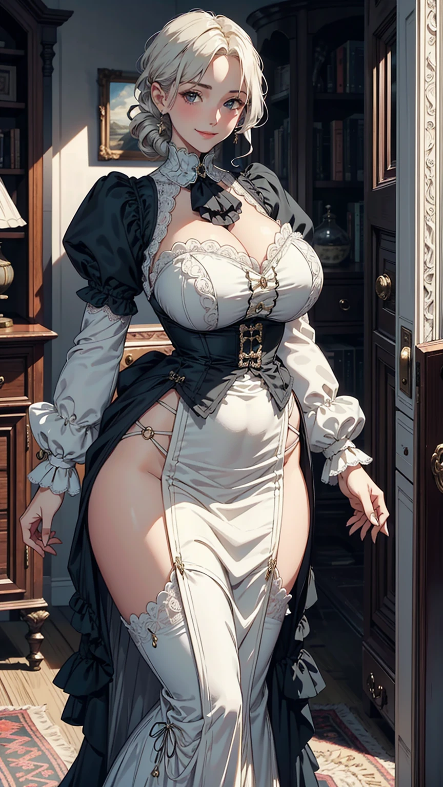 Girl, elegant, platinum blonde,(Victorian dress:1.2), (narrow waist), blushing, official art, detail face, cg,looking at viewer, (standing),midnight,huge breast, smile, victorian era