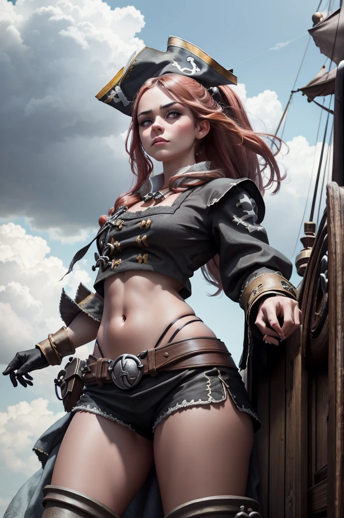 A beautiful woman wearing pirate costume , in pirate ship, black clouds in the sky, super detailed look, perfect body shape and hands, beautiful big eyes, standing, front view, cinematic lightening