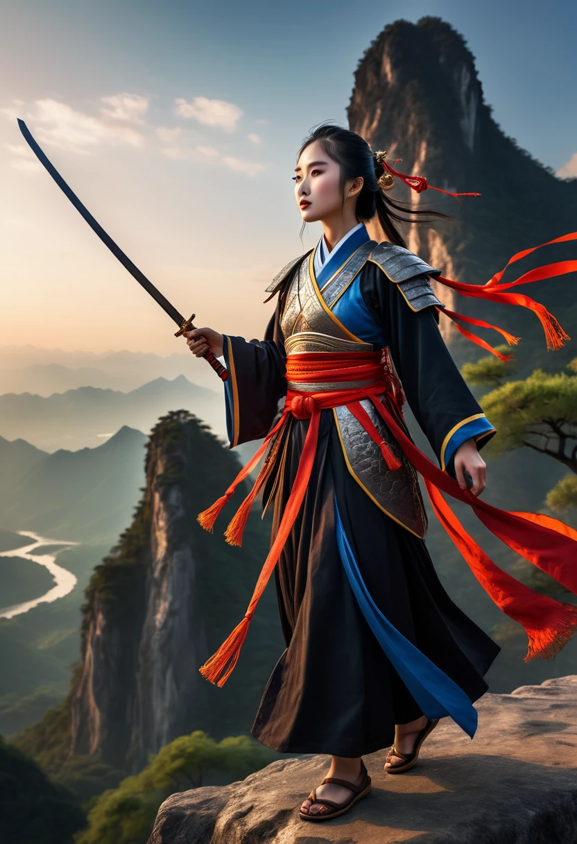 1girl Chinese warrior wearing ancient black royal regalia with long scarf and long ribbons(long ribbon:1.2)flowing(flowing:1.5) and standing at the edge of the clift, epic standing stance, look up to the sky(look up:1.0)one leg in front of other leg, pointing(pointing to sky:1.5)long sword(sword:1.0)in the right hand, banner(banner:1.0)in the left hand, mountains scenery(scenery:0.8), a bunch of ancient soldiers seem from a far, epic realism, dramatic scene, super detailed, best quality wallpaper, 8k, sharp focus on 1girl, sunset color back ground, DSLR photoshot, realistic