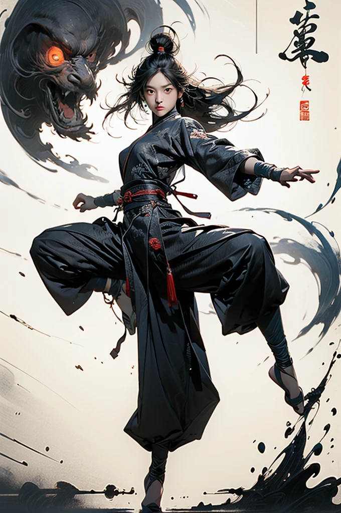 martial, 1girl, solo, simple background,
ustration style, Chinese martial arts war scenes, chinese ink style, martial arts style,
(medium breasts:1.3), long sleeves, chinese clothes, (glowing:1.4), splashing, fighting stance,,
Chinese calligraphy, ink painting, characters, calligraphy characters, text background(full body:1.2),
