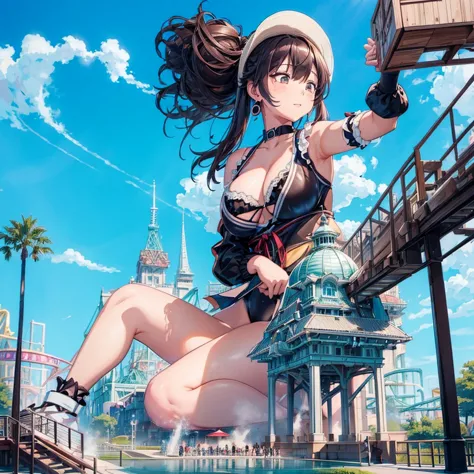 masterpiece　　unreal engine　anime style　delicate painting　4k　90's　giant　crowd　 　amusement park　　((amusement parkに立っている巨大な黒髪の水着の女の...