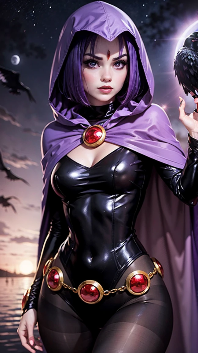 illustration of Raven from DC Comics, 1 girl, Raven, turtleneck, Black leotard, Black cape, hood, purple hair, forehead jeEmel, purple eyes, short hair, Belt, tight skin, standing, cleavage, toned, pose, night , moonlight, ((posing)), movement lines, torso, upper body, portrait, B&Em. contour, in anime tarot card art style, elegant, glamorous, reflection, shine, shading, pantyhose 40 dinier, small