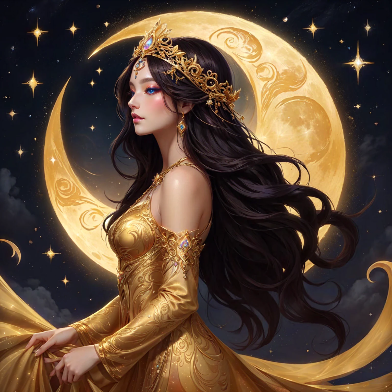 woman , Beautiful makeup ,blue eyes , white skin , pink mouth ,Dressed in gold, standing in front of a crescent moon., goddess of heaven, goddess of the moon, anime goddess, beautiful heavenly mage, lunar goddess, Moon Goddess, Golden Lotus Princess, Goddess of the Galaxy, Beautiful Fantasy Empress, ((Beautiful Fantasy Empress)), Goddess and Moon, As the sun goddess,, Goddess of space and time , Branded stockings for sale in black and gold , Fine gold jewelry