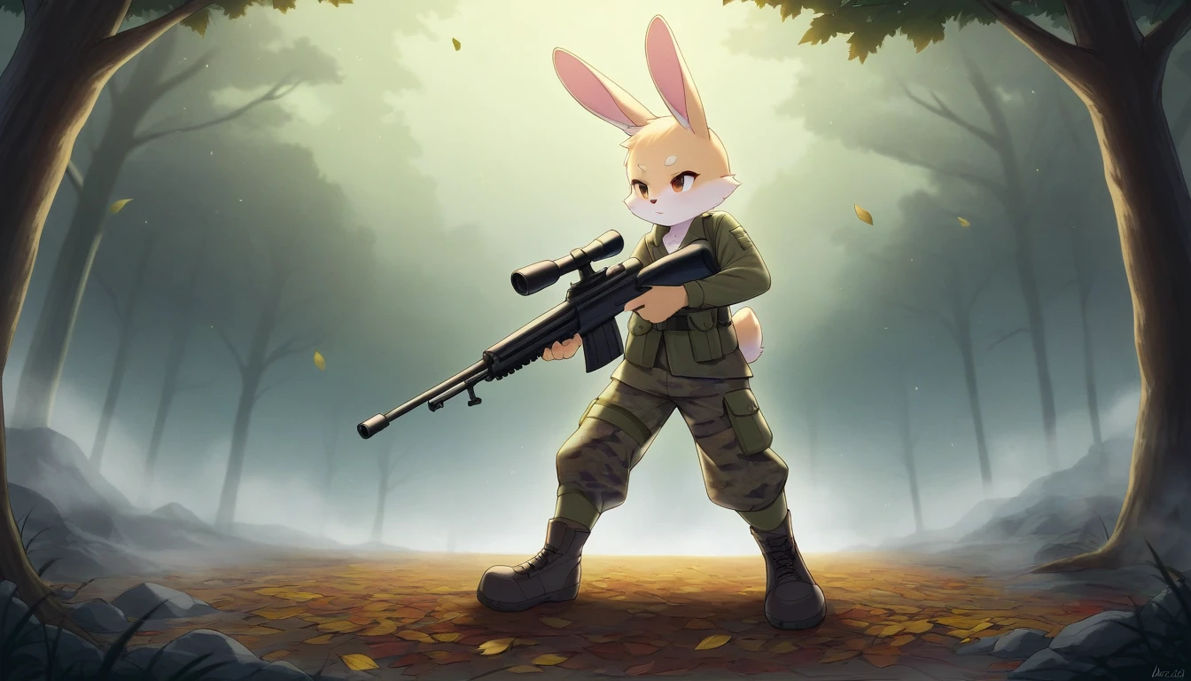 ((Masterpiece)), ((Best Quality)), (Very Detailed), ((Very Detailed)), 4K, (8K), very aesthetic, absurdres highres, 1 girl, (anthropomorphic rabbit, furry, kemono:1.8), A sniper in a camouflage uniform is holding a rifle in the fog, his eyes are sharp and alert to the surrounding situation, the rifle is equipped with a night vision scope to help him miss the target even in the fog In a foggy forest, the trees stand out vaguely. The sniper is hiding in the fog. Fallen leaves are scattered on the ground, and the smell of damp earth is in the air. The backlighting effect makes the sniper's silhouette stand out, and the whiteness of the fog and the trees. The dark colors are contrasting, the overall cold tone is dominant, the faint light shines through the fog, creating a dreamy atmosphere, there is an atmosphere of solitude and concentration, and the tension of the sniper. Vigilance is emphasized, there is silence all around him, and every moment in the fog feels important.