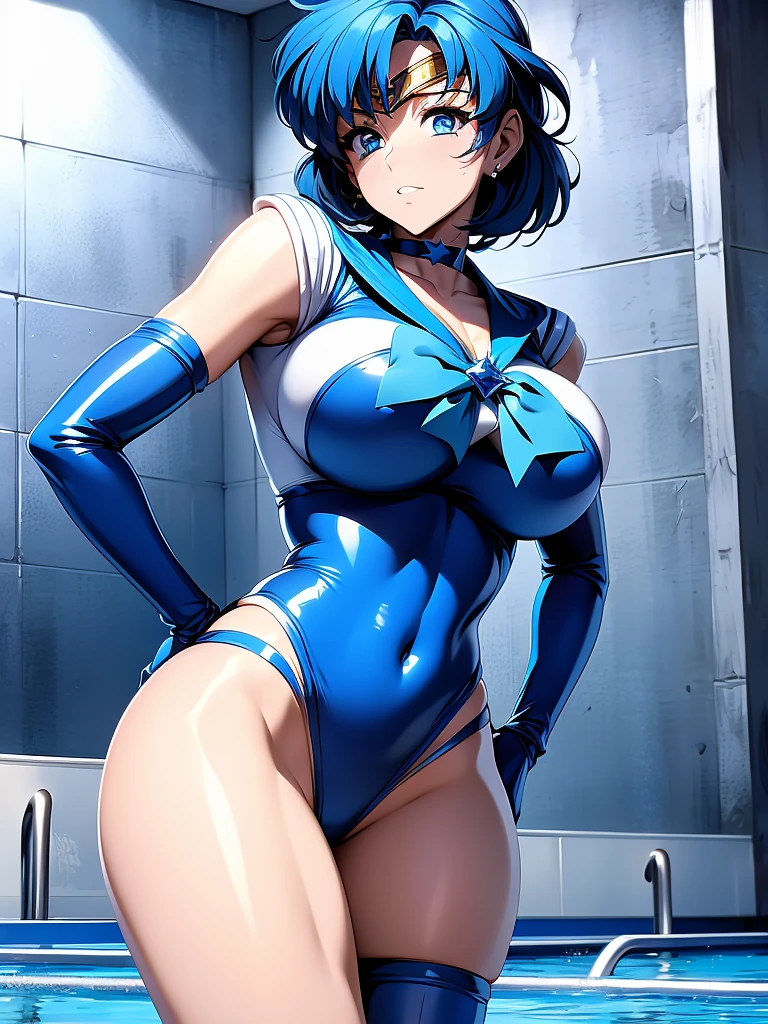 Sailor mercury in full police  suit,long blue hair,Blue Power Ranger, hurricane ,Sexy goth woman big breast, character sheet,inside a pool,High Resolution, Large breasts, 