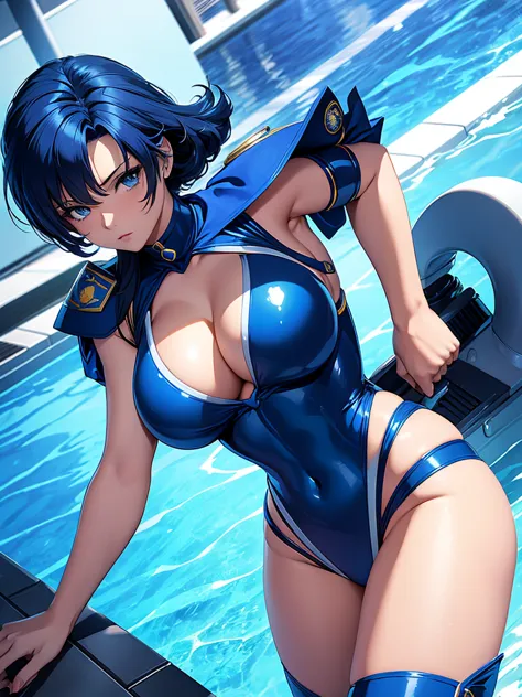 Sailor mercury in full police  suit,long blue hair,Blue Power Ranger, hurricane ,Sexy goth woman big breast, character sheet,ins...
