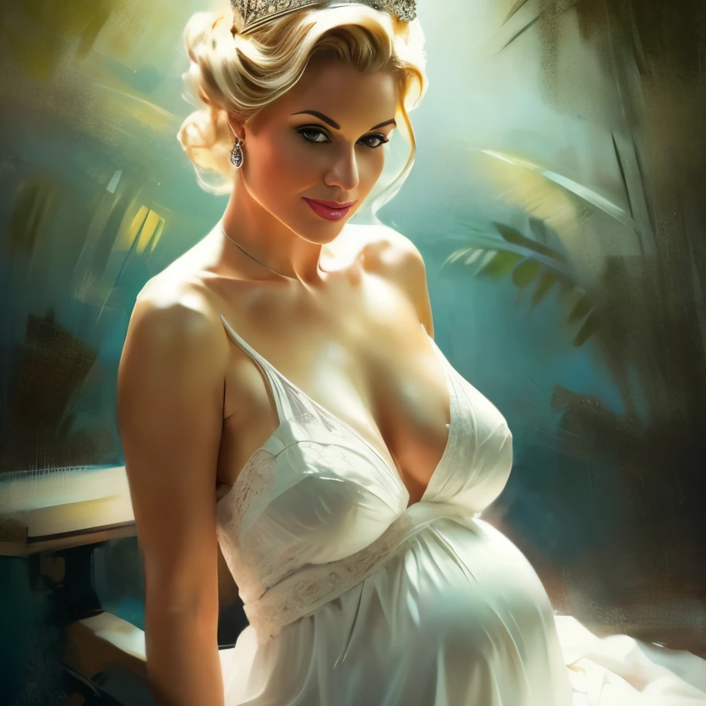 nsfw, photorealistic, beautiful face, (masterpiece:1.4), (best quality:1.4), extremely detailed, hyper-detailed, soft lighting 3 beautiful 8 month pregnant blonde 1950's pinup woman in her late thirties sitting on kings throne in a big hall, with a crown on her head, 8 month pregnant, dressed only in a short very transparent chiffon night gown, sideboob, no naked breasts, white pearl necklace and white pearl earrings, lace stockings, perfect body, busty, perfect legs, intricate details, masterpiece, bestquality, uhd, 8k, ((plain backgound:1.3)), shaved pubic area, big breasts, hanging breasts, heavily sagging breasts, brown big erected hard nipples, short blonde hairbun with a bow in hair, shaved pubic area, (perfect_face), intricate, 4k, detailed_background, full_body, realistic, 8k, sexy, side view, she looking over her shoulder, very bashful smile, very shameful facial expression,pinup512, style-princess_sd2
