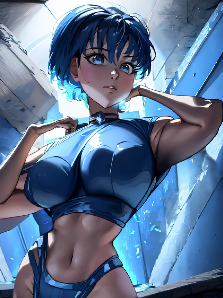 Sailor mercury in full police  suit,long blue hair,Blue Power Ranger, hurricane ,Sexy goth woman big breast, character sheet,inside a pool,High Resolution, Large breasts, 