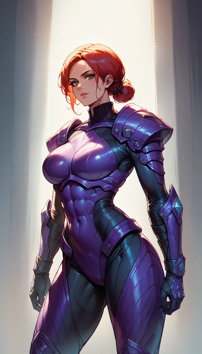 solo,female humanoid,fitness,black exosuit,full armor,multicolor trim,rgb,perfect lighting,standing,crystal trimmed,trims on armor,(purple trim detail:1.2)dynamic,seductive,NSFW