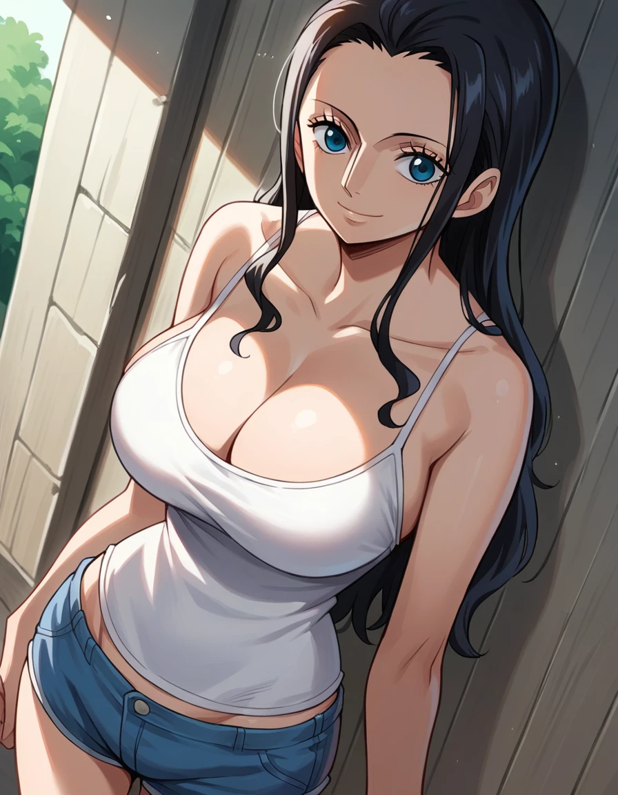 score_9, score_8_up, score_7_up, best quality, source_anime, clear face, 1girl, Nico Robin, black hair, long hair, blue eyes, large breasts, camisole, short pants, cleavage, smile, dynamic angle, looking at viewer, cowboy shot, outdoor, good lighting 