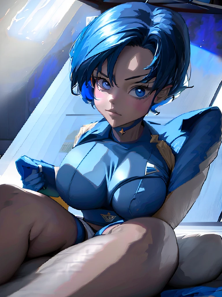 Sailor mercury in full police  suit,long blue hair,Blue Power Ranger, hurricane ,Sexy goth woman big breast, character sheet,inside a pool,High Resolution, Large breasts, 