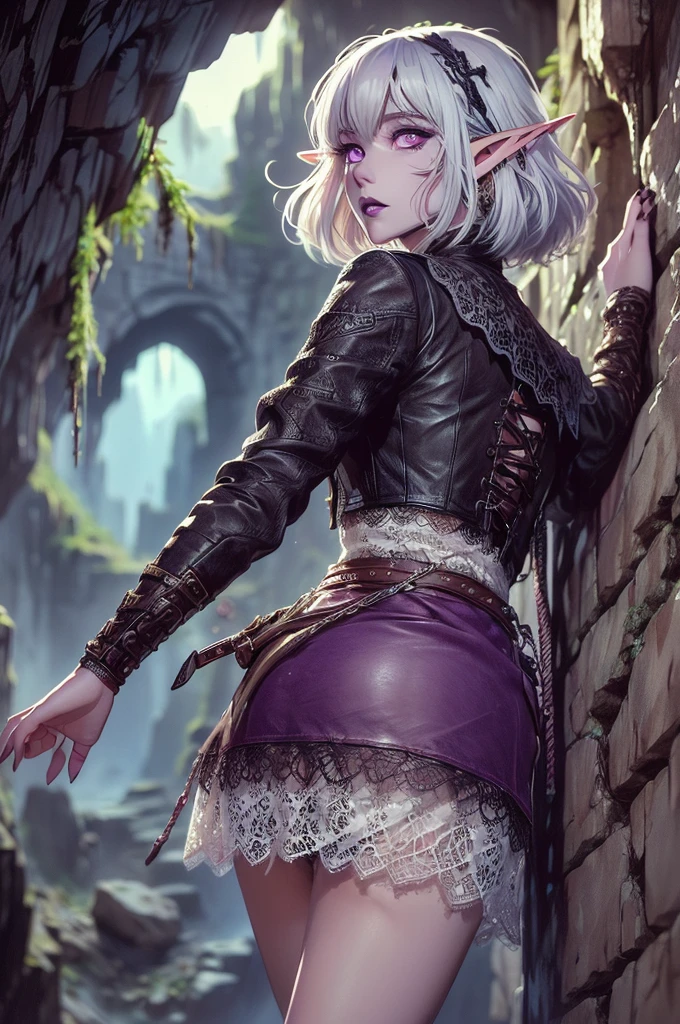 (Ultra-detailed face:1.2), (Fantasy Illustration with Gothic & Ukiyo-e & Comic Art), (She is climbing an overhanging cliff with her back to it and holding a rope with her hands), (A middle-aged elf woman with white hair, blunt bangs, bob cut, dark purple skin, lavender eyes), BREAK (She is wearing a lacy leather suit and mini skirt:1.3)