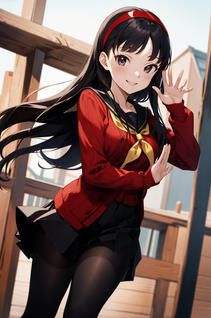 masterpiece, best quality, highres, aayukiko, long hair, hairband, , serafuku, red cardigan, long sleeves, black skirt, black pantyhose, smile, waving, standing, cowboy shot, outdoors,