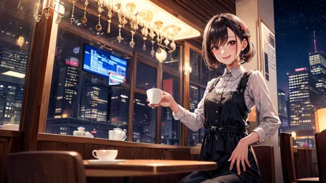 (Original photo, Highest quality), 1 girl,  Lisa, night,Cafe, smile,
Satosh Khan&#39;Art Style