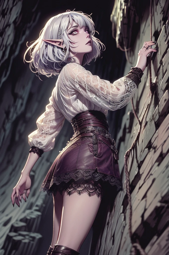 (Ultra-detailed face:1.2), (Fantasy Illustration with Gothic & Ukiyo-e & Comic Art), (She is climbing an overhanging cliff with her back to it and holding a rope with her hands), (A middle-aged elf woman with white hair, blunt bangs, bob cut, dark purple skin, lavender eyes), BREAK (She is wearing a lacy leather suit and mini skirt:1.3)