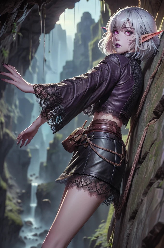 (Ultra-detailed face:1.2), (Fantasy Illustration with Gothic & Ukiyo-e & Comic Art), (She is climbing an overhanging cliff with her back to it and holding a rope with her hands), (A middle-aged elf woman with white hair, blunt bangs, bob cut, dark purple skin, lavender eyes), BREAK (She is wearing a lacy leather suit and mini skirt:1.3)