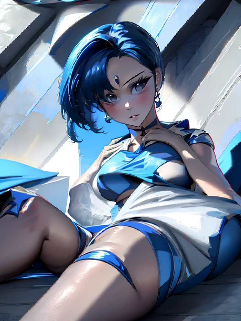 Sailor mercury in full police  suit,long blue hair,Blue Power Ranger, hurricane ,Sexy goth woman big breast, character sheet,inside a pool,High Resolution, Large breasts, 